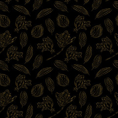 Line art gold floral pattern with beautiful flower. Seamless pattern with spring flowers and leaves. Hand drawn background. Illustration for wallpaper or fabric. 