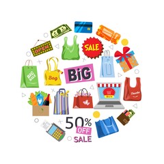 Online shopping and sale items gifts, shopping bags, credit cards and discount coupons, cash money and laptop with internet shop in circle vector illustration. Shopping online signs.
