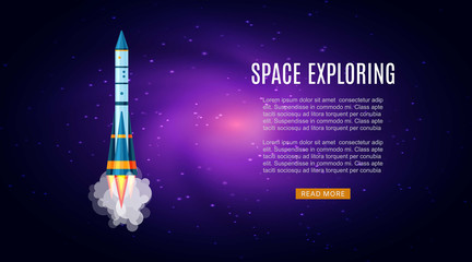 Outer space exploring with galaxy cosmos, spaceship and stars for poster, banner web landing page vector illustration. Exploration universe or outer space with space vehicle concept.