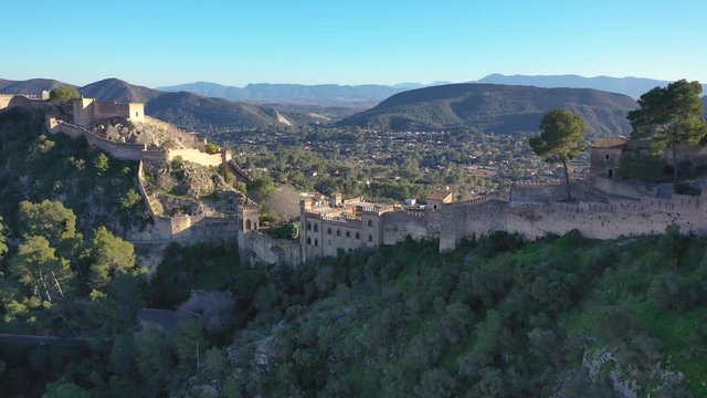 Aerial view of Xativa castle located near Valencia Spain on the ancient roadway  Via Augusta leading from Rome to Cartagena. Two forts connected
