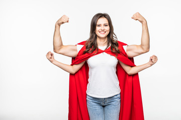 Young woman in red superhero cloak standing with four hands isolated on white background
