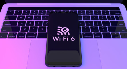 Wi Fi 6 logo on smartphone with laptop background. Wi Fi 6 telecommunications new generation network connectivity 3D rendering illustration.