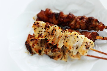  Japaneses food, assorted, grilled chicken Yakitori on dish