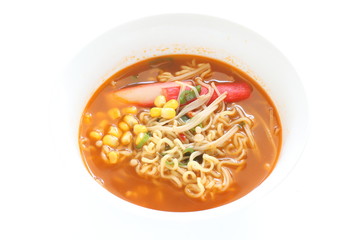 Spicy Ramen noodles, crab sticks and sweet corn on top for asian lunch image