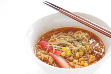 Spicy Ramen noodles, crab sticks and sweet corn on top for asian lunch image © jreika