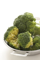 Prepared raw broccoli on pan for freshness ingredient