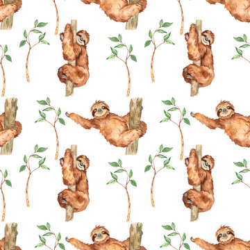 Watercolor seamless pattern with cute sloths and branches with leaves on a white background