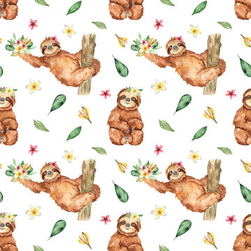 Watercolor seamless pattern with cute sloths and tropical flowers and leaves on a white background