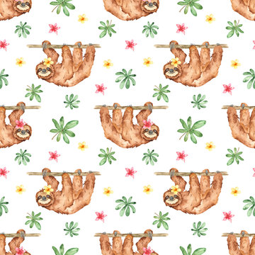 Watercolor seamless pattern with cute sloths on the branches and tropical flowers and leaves on a white background
