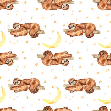 Watercolor seamless pattern with cute sloths sleeping on a tree and the month on a white background