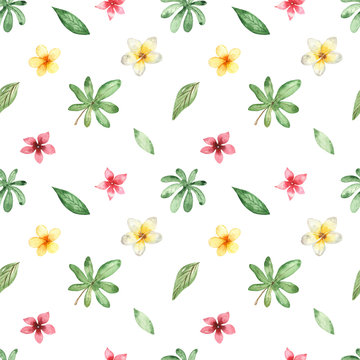 Watercolor seamless pattern with tropical flowers and leaves on a white background