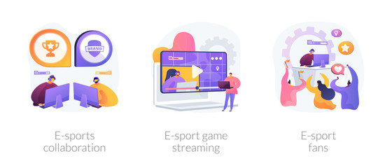 Electronic sports organization, internet team play, online competition. E-sports collaboration, e-sport game streaming, e-sport fans metaphors. Vector isolated concept metaphor illustrations.