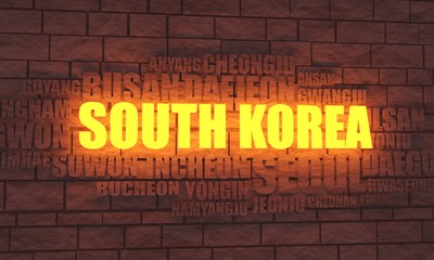 Naklejka na ściany i meble List of cities and towns of South Korea. Word cloud collage. Business and travel concept background. 3D rendering. Neon bulb street sign illumination
