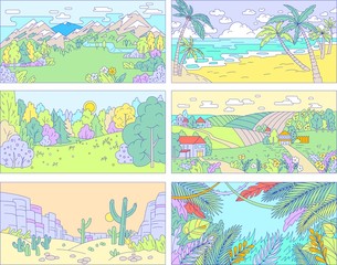 Landscape background, outdoor nature in flat lineart style, forest trees and ocean beach, vector illustration. Nature backdrops, rural village fields, desert rocks canyon, mountain river,sea shore set
