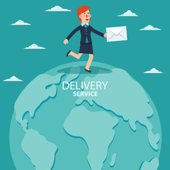 Young business woman running over the world map. Post letter, delivery service or e-mail vector concept