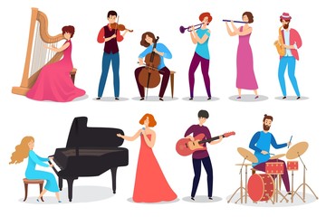 People playing musical instruments, set of isolated cartoon characters, vector illustration. Men and women play music in different styles, violin, saxophone, harp and guitar. Happy creative musicians