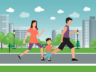Family marathon outdoor activity vector illustration. Happy father, mother and child running in city park. Families with children together run. Active sport and healthy lifestyle