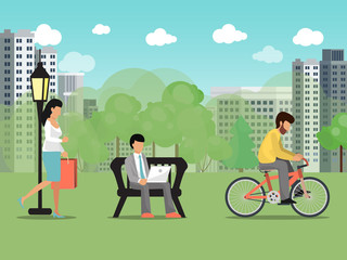 People in summer city park vector illustration. Characters recreation and work outdoor park. Woman walking, male riding cycle. Business man sit on bench, works on laptop. Summertime citizens activity