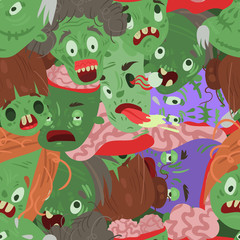 Fototapeta na wymiar Zombie and Halloween seamless pattern vector illustration. Cartoon characters evil monsters wallpapers. Seamless pattern with angry dead mutants.