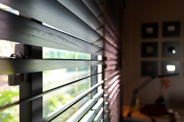 brown blind shade on window, interior design decoration in home office