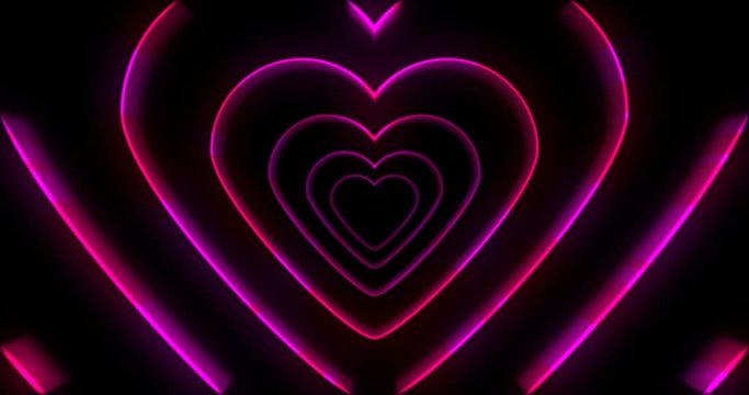 Abstract seamless loop neon sci-fi futuristic tunnel in heart form.
