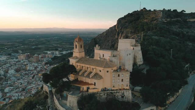 Aerial view of Cullera castle Valencia province Spain during a winter sunset