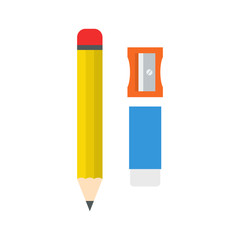 Pencil, Sharpener, Eraser for School and Business. Vector Flat Design Illustration