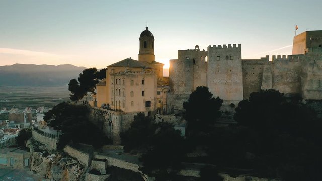 Aerial view of Cullera castle Valencia province Spain during a winter sunset