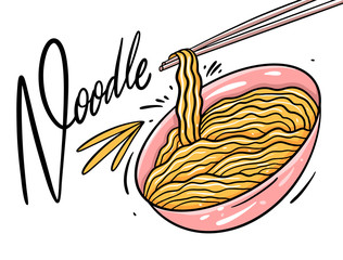 Asia Noodle in pink bowl. Hand drawn vector illustration. Isolated on white background. Cartoon style.