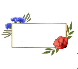 Gold frame with watercolor poppies and blue field flowers