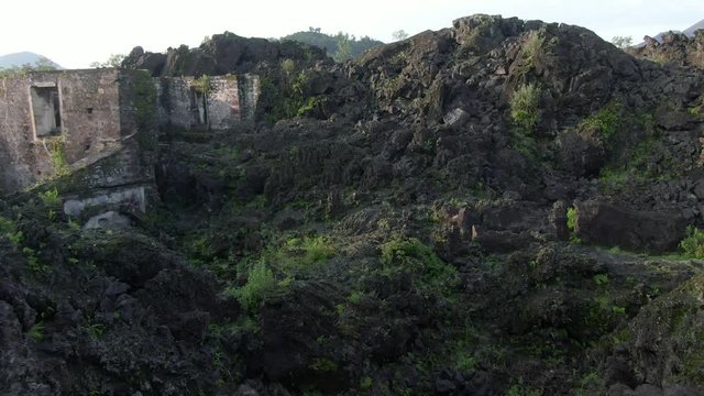 Aerial revealing shot of the altar of a church ruins