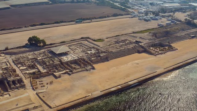 Caesarea ancient roman period ruins in Israel, 4k aerial drone view