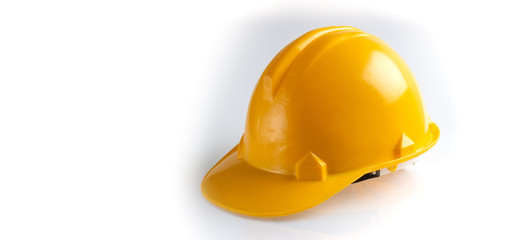 Yellow safety helmet on a white background, Engineering architecture concepts, Banner design.