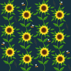 Bright yellow sunflowers and bees seamless pattern, dark blue background, vector illustration