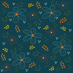 Seamless floral pattern with decorative elements, dark blue background, vector illustration