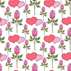 Valentine's day seamless pattern roses and hearts. romantic seamless pattern with red hearts on a color background by day of wedding or valentine's day