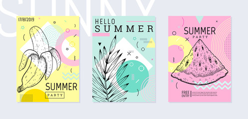Summer party poster set, geometric memphis style. Cool trendy flyer with type quote. Tropical elements for travel banner, music cover, fashion print. Leaf vector illustration, mint, pink background