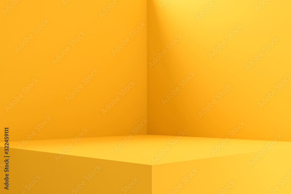 Poster Empty room interior design or yellow pedestal display on vivid background with blank stand. Blank stand for showing product. 3D rendering.