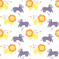 Childish seamless pattern with hand drawn animals. Trendy scandinavian vector background. Perfect for kids apparel,fabric, textile, nursery decoration,wrapping paper