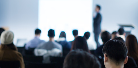 Business man making a presentation at office. Business executive delivering a presentation to his colleagues during meeting or in-house workshop. Rear view. Business and entrepreneurship.