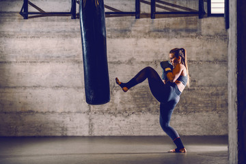 Young fit attractive muscular caucasian female kick boxer in sportswear with boxing gloves kicking...