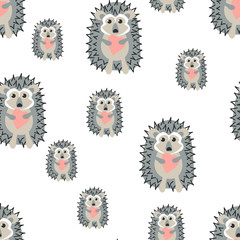 Cute hedgehog holding a pink heart. Seamless pattern. Cartoon animal in flat style. Hand drawn vector background