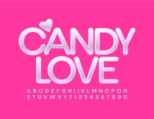 Vector stylish logo Candy Love. Glossy White Font. Artistic Alphabet Letters and  Numbers.