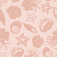 Fototapeta na wymiar Pattern sea shells starfish and jellyfish pink vector ocean tropical animals cartoon flat seamless summer background.