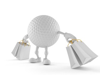 Golf ball character holding shopping bags