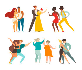 Fototapeta na wymiar Social pair dancing vector illustration. Happy people dancing . Couple of dancers character. Romantic modern dance: bachata, tango and waltz. Salsa/samba/zouk party. Flat retro cartoon style, isolated