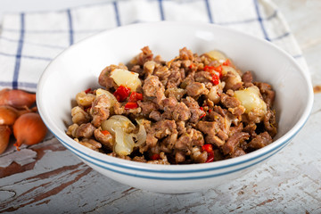 Meat Saute Turkish / Et sote with wooden table / Saute lamb
