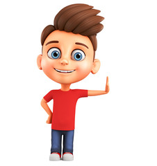 3d render illustration. A cheerful cartoon character a little boy leaned against.