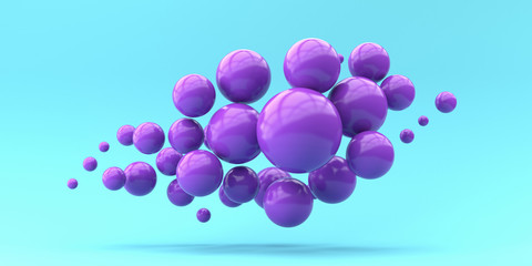 3d render illustration for advertising. Falling purple balls on a blue background.