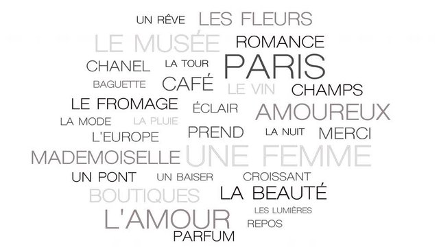 Paris sights moving animation, french grey mood loop and seamless travel word cloud. Main french words in french language - romantic and nice symbols of capital of France.